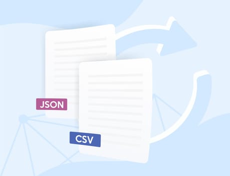 Json Csv converter concept. Two tables in different formats and circular arrow indicating the direction of conversion. Convert data between JSON and CSV formats vector illustration