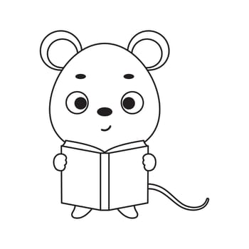 Coloring page cute little mouse reads book. Coloring book for kids. Educational activity for preschool years kids and toddlers with cute animal. Vector stock illustration