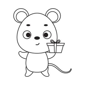 Coloring page cute little mouse with gift box. Coloring book for kids. Educational activity for preschool years kids and toddlers with cute animal. Vector stock illustration