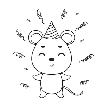 Coloring page cute little mouse in birthday hat. Coloring book for kids. Educational activity for preschool years kids and toddlers with cute animal. Vector stock illustration