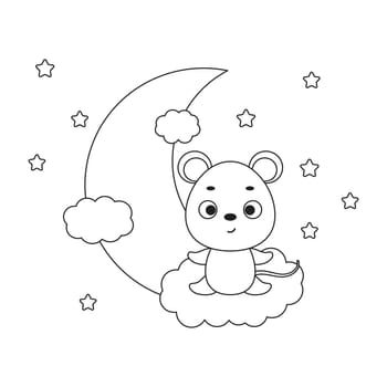 Coloring page cute little mouse sitting on cloud. Coloring book for kids. Educational activity for preschool years kids and toddlers with cute animal. Vector stock illustration
