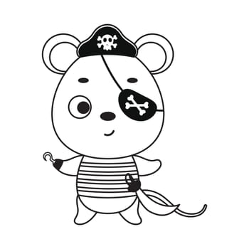Coloring page cute little pirate mouse with hook and blindfold. Coloring book for kids. Educational activity for preschool years kids and toddlers with cute animal. Vector stock illustration