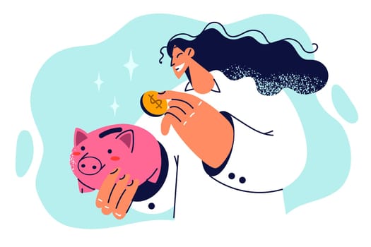 Woman tosses coin into piggy bank to save money for education or purchase of own property in future