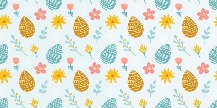 Easter seamless pattern with eggs, flowers and plants on blue background. Vector flat illustration