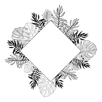 Square frame with tropical, jungle leaves, hand drawn, black and white