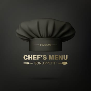 Vector Banner with 3d Realistic Black Chef Hat, Toque on Black Background. Cook, Baker Chef Cap Design Template. Bakery, Restaurant, Kitchen Uniform. Cotton Hat, Professional Clothes