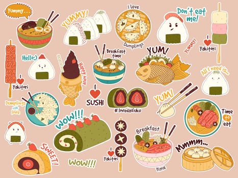 Traditional Japanese food stikers. Asian yakitori skewers, ramen, dumplings, taiyaki, matcha cake roll, shabu shabu, onigiri, wonton, daifuku. Vector illistration