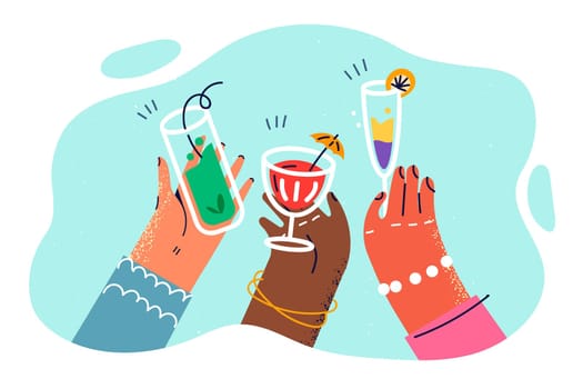 Hands with different skin colors with glasses filled with cocktails and drinks for Friday party