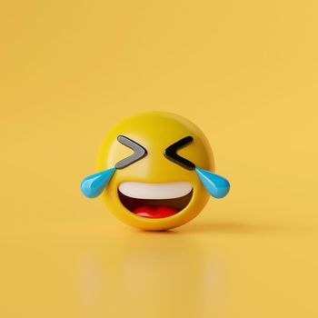 Laughing emoji icons on yellow background, 3d illustration