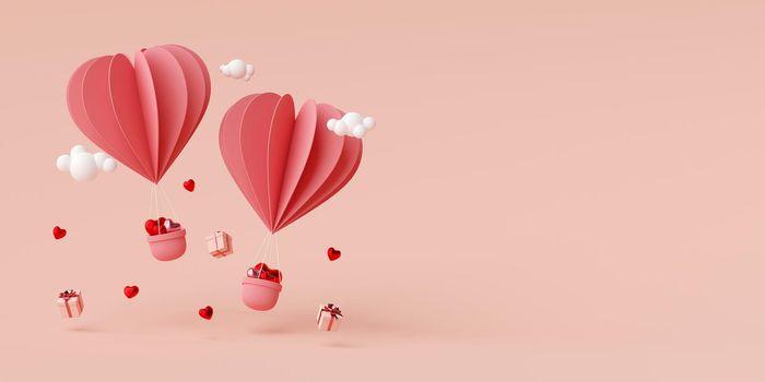 Valentine banner background of heart shape balloon with gift box, 3d rendering