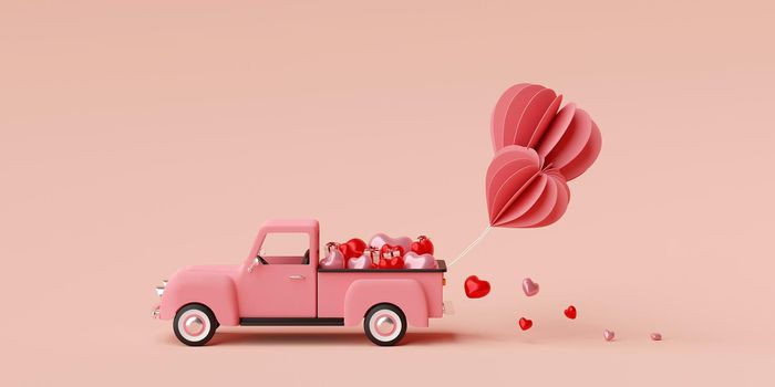Valentine banner background of truck full of heart shape balloon with gift box, 3d rendering