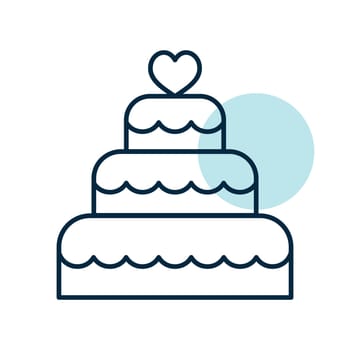 Stacked wedding cake dessert with heart topper isolated icon. Vector illustration, romance elements. Sticker, patch, badge, card for marriage, valentine