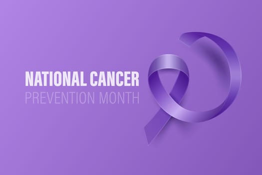 National Cancer Prevention Month Banner, Card, Placard with Vector 3d Realistic Lavender Ribbon on Lavender Background. Cancer Prevention Awareness Month Symbol Closeup. World Cancer Day Concept