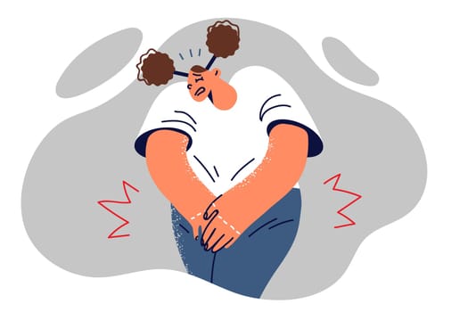 Woman puts hands on groin feeling pain due to urinary tract infection or aggravation of cystitis