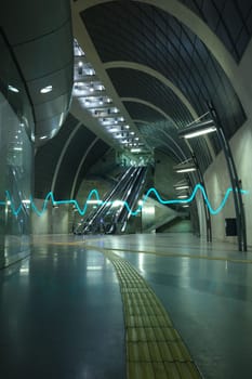 ECG pulse light in the futuristic subway station and an escalator in Heumarkt Cologne, Germany