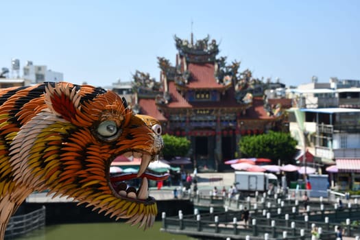 Closeup of the dragon tiger on a temple at Lotus Pond in Kaohsiung, Taiwan
