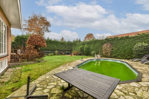 a backyard with a pool and a privacy hedge