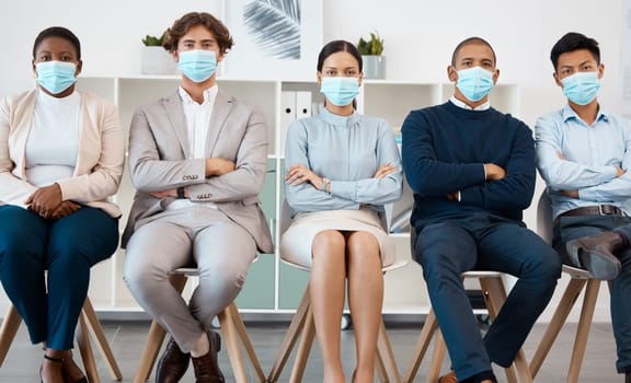 Recruitment during covid, hiring and diversity business people with mask for safety from corona virus pandemic. Portrait of group of people in waiting room for job interview with human resources hr