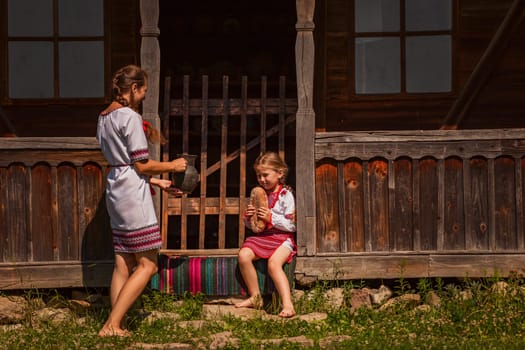 mother and daughter in Ukrainian folk dresses