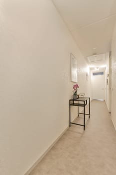a long white hallway with a table in the middle