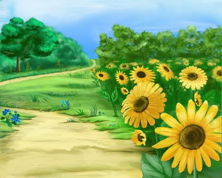 Sunflowers by the dirt road illustration