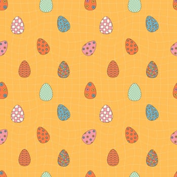 Groovy hippie Happy Easter seamless pattern. Easter backgrounds in trendy retro 60s 70s cartoon style