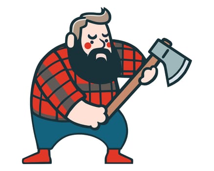 a fat woodcutter in a checkered red shirt and holding an ax in his hands