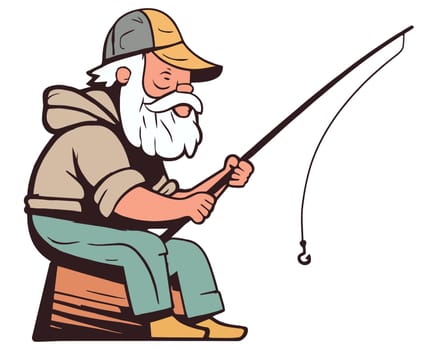 the character of an old man in a cap sits with a fishing rod and fishes for his pleasure.