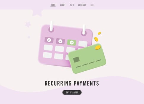 Recurring payments 3d concept. Monthly payment date on calendar with credit card subscription payment icon. Suitable for subscription-based recurring payments service visuals. Landing page template