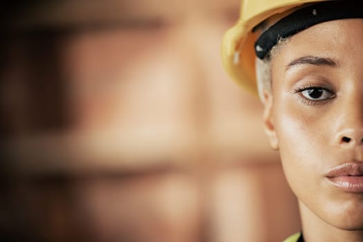 Portrait, face and construction worker with vision, goal and target for building development, architecture and maintenance on a construction site. Woman architect with hard hat for industrial safety