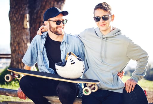 Skateboard, fashion and portrait of friends on mountain for adventure, freedom and ready for skateboarding. Urban style, fitness and skaters with longboard for exercise, skating and training outdoors.