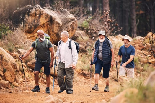 Hiking, nature and group of old men on mountain for fitness, trekking and backpacking adventure. Explorer, discovery and expedition with friends walking for health, retirement and journey