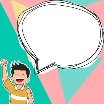 Young happy boy presenting important information and brand new agenda. Big white speech bubble for text on bright colored background. Vector drawing illustration.