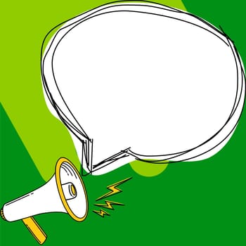 Megaphone presenting important information and brand new agenda. Big white speech bubble for text on bright colored background. Vector drawing illustration.