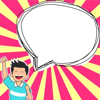 Young happy boy presenting important information and brand new agenda. Big white speech bubble for text on bright colored background. Vector drawing illustration.