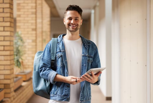 University portrait and man student with tablet for academic learning, research and studying online. Education, knowledge and Gen Z college learner at campus on break in California, USA.