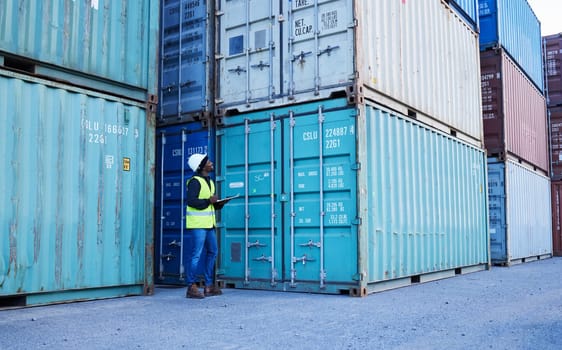 Shipping, stock and cargo management with man writing checklist at warehouse. Supply chain, container and male inspector checking delivery for ecommerce order, logistics and storage distribution