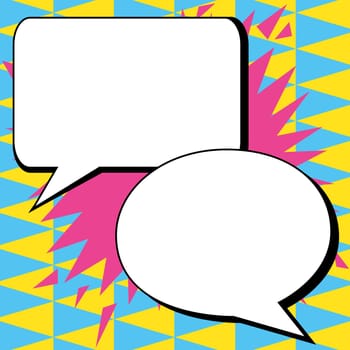 Two big white empty speech bubbles for text. Square and oval dialog boxes on bright colored background. Comic funny style cartoon. Vector illustration.