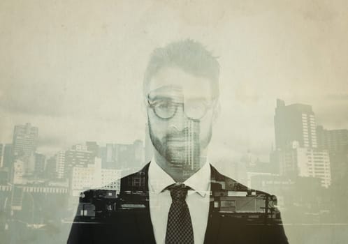 He represent everything of the city. Composite image of a well-dressed man superimposed on an image of a city.