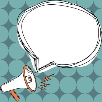 Megaphone presenting important information and brand new agenda. Big white speech bubble for text on bright colored background. Vector drawing illustration.