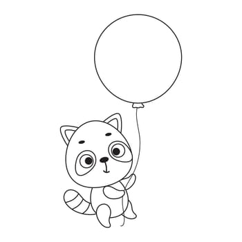 Coloring page cute little raccoon flies on balloon. Coloring book for kids. Educational activity for preschool years kids and toddlers with cute animal. Vector stock illustration