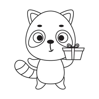 Coloring page cute little raccoon with gift box. Coloring book for kids. Educational activity for preschool years kids and toddlers with cute animal. Vector stock illustration