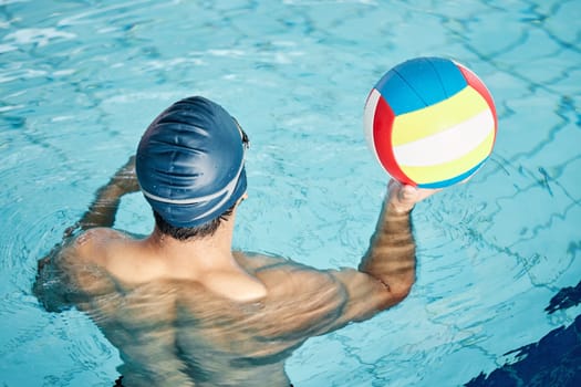 Man, swimming pool or water polo player with ball, cap or goggles in sports game, training or workout for competition fitness. Exercise, swimmer or athlete and match play equipment in challenge goals