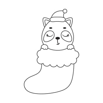 Coloring page cute little raccoon in Christmas sock. Coloring book for kids. Educational activity for preschool years kids and toddlers with cute animal. Vector stock illustration