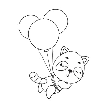 Coloring page cute little raccoon flying on balloons. Coloring book for kids. Educational activity for preschool years kids and toddlers with cute animal. Vector stock illustration