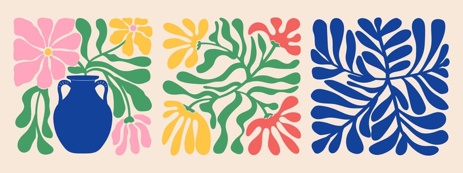 Groovy abstract organic plant shapes art set. Matisse floral posters in trendy retro 60s 70s style.