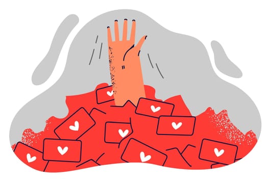Hand of man drowning in likes from social networks for concept of addiction to Internet gadgets