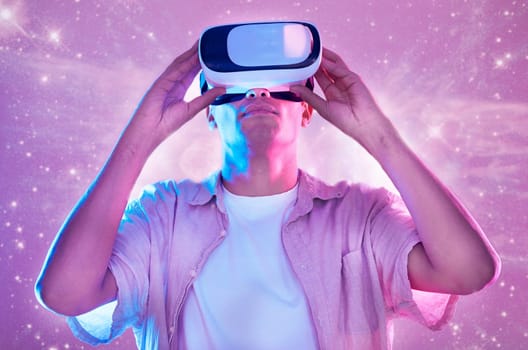 Futuristic, virtual reality and man in universe space on 3d technology headset. Vr metaverse, pink neon and male exploring a future cyber galaxy, aerospace or stars, gaming and ai simulation online.