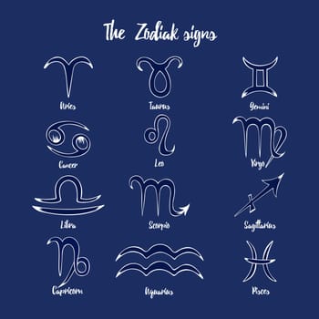 Hand drawn Zodiak signs. Set of blue zodiac icons isolated on a white background. Astrological symbols of the zodiac. Vedic astrology
