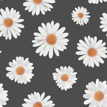 White watercolor chamomile flowers seamless pattern.